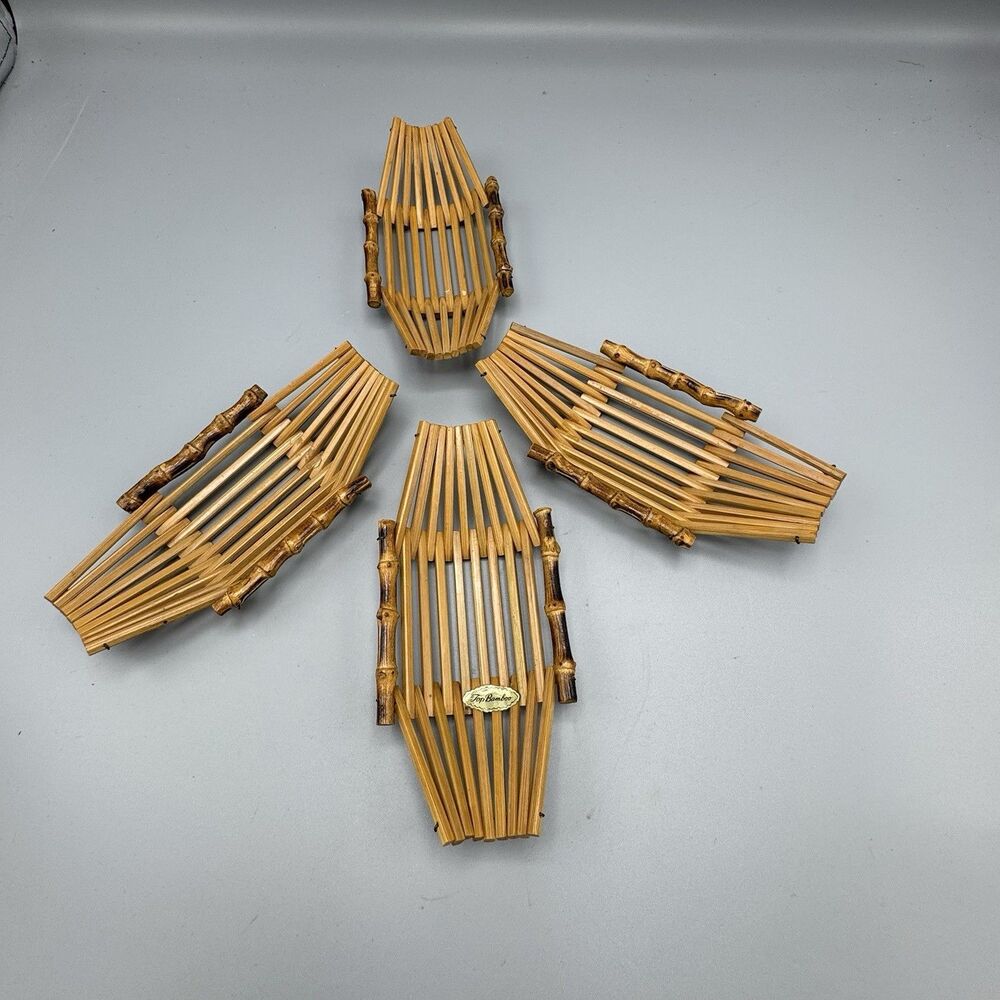 Vtg Set of 4 Top Bamboo Dish Boat Shape Dining Serveware Sushi Towel Holder
